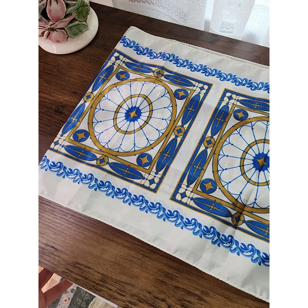 Vintage Retro Scarf Rectangle Steampunk MCM Satin Art Deco Stained Glass Blue